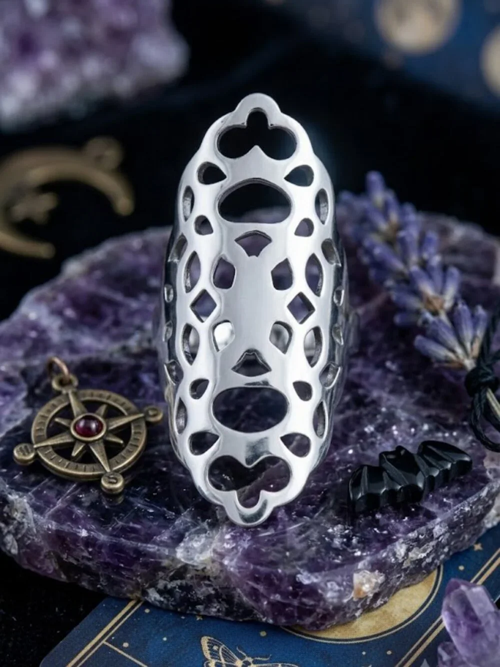 Silver Filigree Armor Ring Openwork Gothic Whimsigoth Statement 316L Steel Sz 8